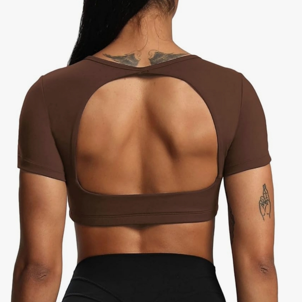 Aoxjox Short Sleeve Workout Crop Top Open Back